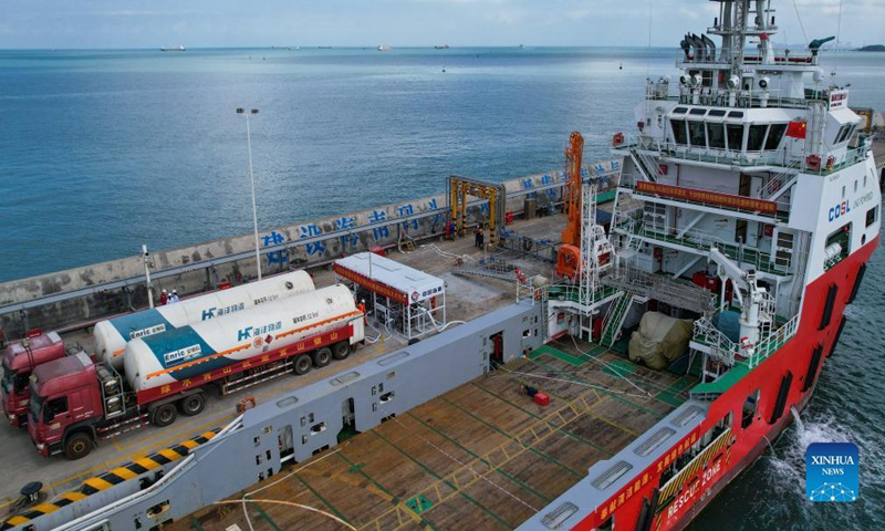 Aerial photo taken on Nov. 20, 2021 shows a berthed ship being filled with liquefied natural gas (LNG) at an LNG filling station in Macun port of Chengmai County, south China's Hainan Province.Photo:Xinhua