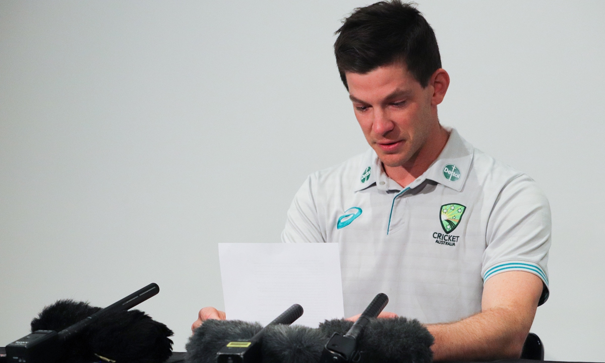 Tim Paine speaks to the media during a press conference at Bellerive Oval in Hobart, Tasmania, Australia, November 19, 2021. Photo: VCG