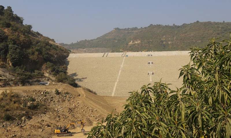 Photo taken on Nov. 19, 2021 shows a view of the dam of the Karot Hydropower Project in Pakistan's eastern Punjab province.Photo:Xinhua