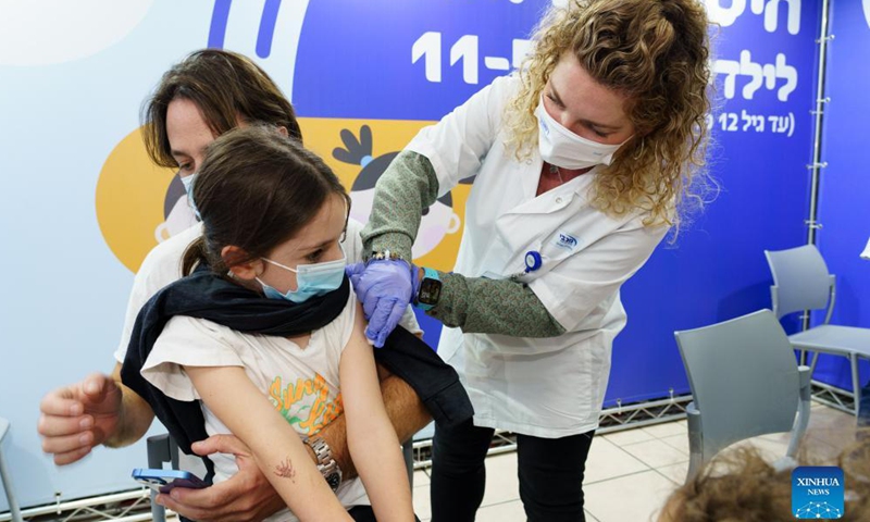 A child receives COVID-19 vaccine at a vaccination site in Ramat Hasharon, Israel, Nov. 22, 2021.Photo:Xinhua
