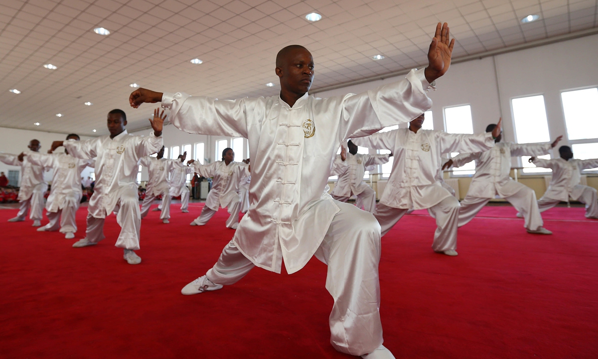 A group of African students practice martial arts in Tianjin Municipality in February 2014. Photo: IC