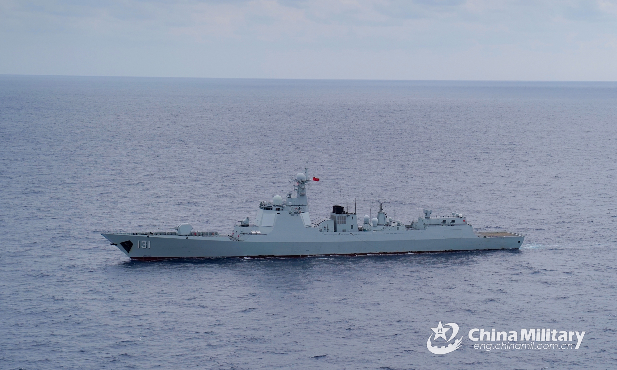 The guided-missile destroyer Taiyuan (Hull 131) attached to a destroyer flotilla with the navy under the PLA Eastern Theater Command steams in waters of the East China Sea during a realistic combat training exercise in early November, 2021.Photo:China Military