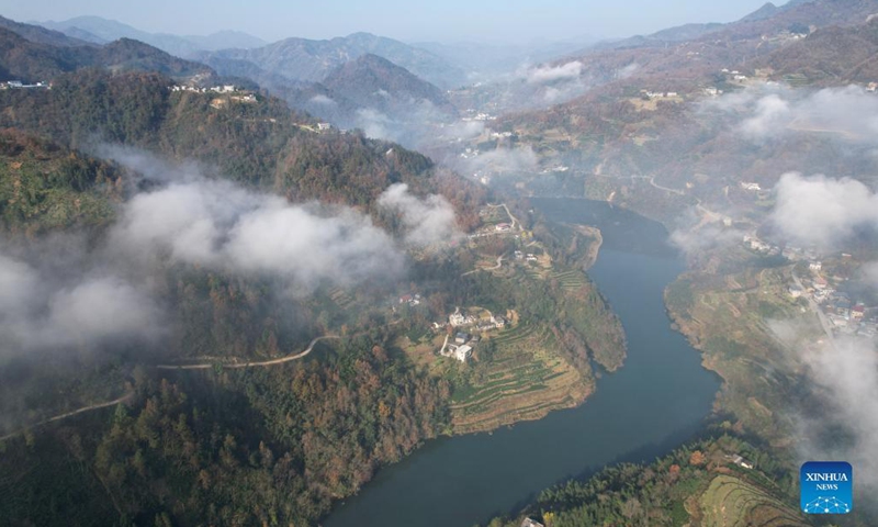 Aerial photo taken on Nov. 24, 2021 shows Xiangyang Township, in Ziyang County of Ankang City, northwest China's Shaanxi Province. Famous for its tea plantation, Ziyang County has been in recent years promoting rural tourism in a bid to help increase the incomes of local residents by combining its tourism with tea culture. Photo: Xinhua