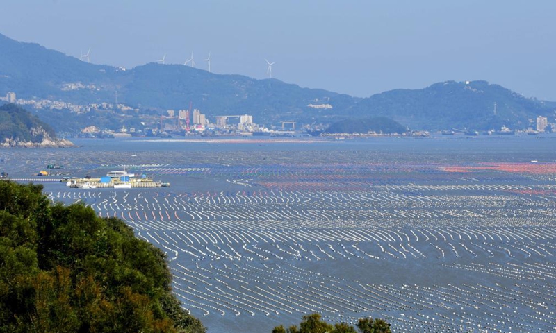 Photo taken on Dec. 1, 2021 shows a view of an aquaculture farming area in Lianjiang County, southeast China's Fujian Province. (Xinhua/Wei Peiquan)