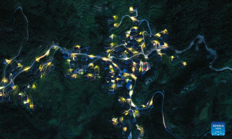 Aerial photo taken on Aug. 31, 2021 shows the night view of Dangjiu Village in Gandong Township of Rongshui Miao Autonomous County, south China's Guangxi Zhuang Autonomous Region.Photo:Xinhua