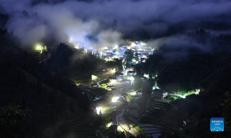 Photo taken on May 20, 2021 shows the night view of Dangjiu Village in Gandong Township of Rongshui Miao Autonomous County, south China's Guangxi Zhuang Autonomous Region.Photo:Xinhua