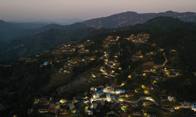 Aerial photo taken on Nov. 26, 2021 shows the night view of Dangjiu Village in Gandong Township of Rongshui Miao Autonomous County, south China's Guangxi Zhuang Autonomous Region.Photo:Xinhua