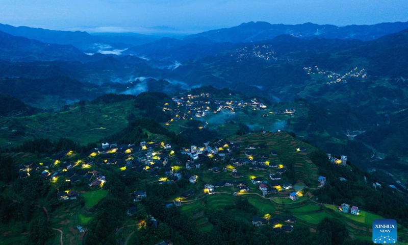 Aerial photo taken on Aug. 27, 2021 shows the night view of Gandong Village and Baixiu Village in Gandong Township of Rongshui Miao Autonomous County, south China's Guangxi Zhuang Autonomous Region.Photo:Xinhua