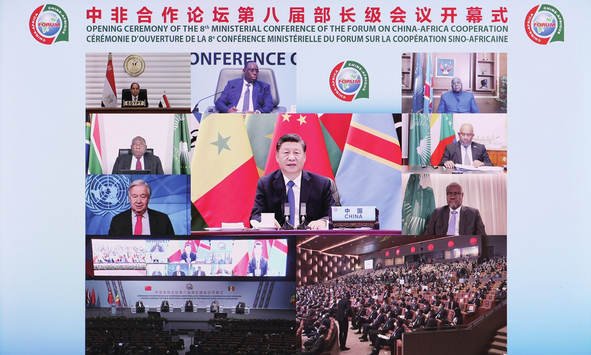 Chinese President Xi Jinping (center) delivers a keynote speech via video link at the opening ceremony of the 8th Ministerial Conference of the Forum on China-Africa Cooperation on Monday. Photo: Xinhua