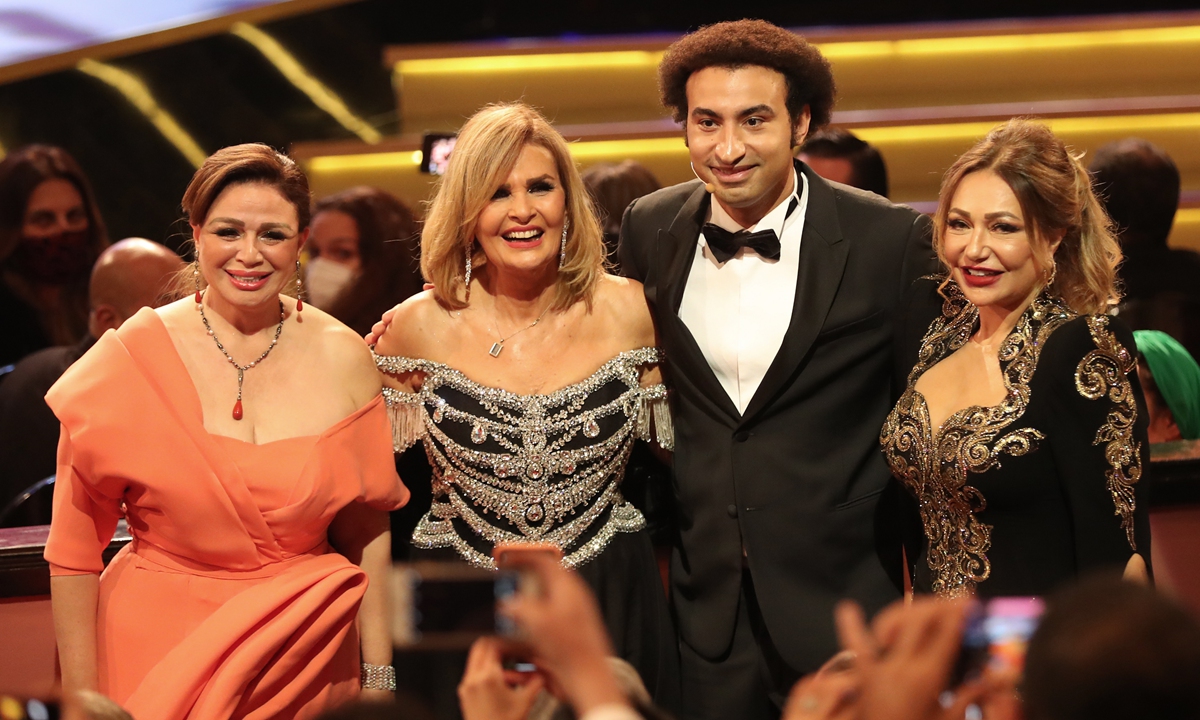 From left: Egyptian actors Ilham Chahine, Yosra, Ali Rabi, and Laila Elwi pose during the opening ceremony of the 43rd Cairo International Film Festival in Cairo, Egypt on November 26. Photo: IC