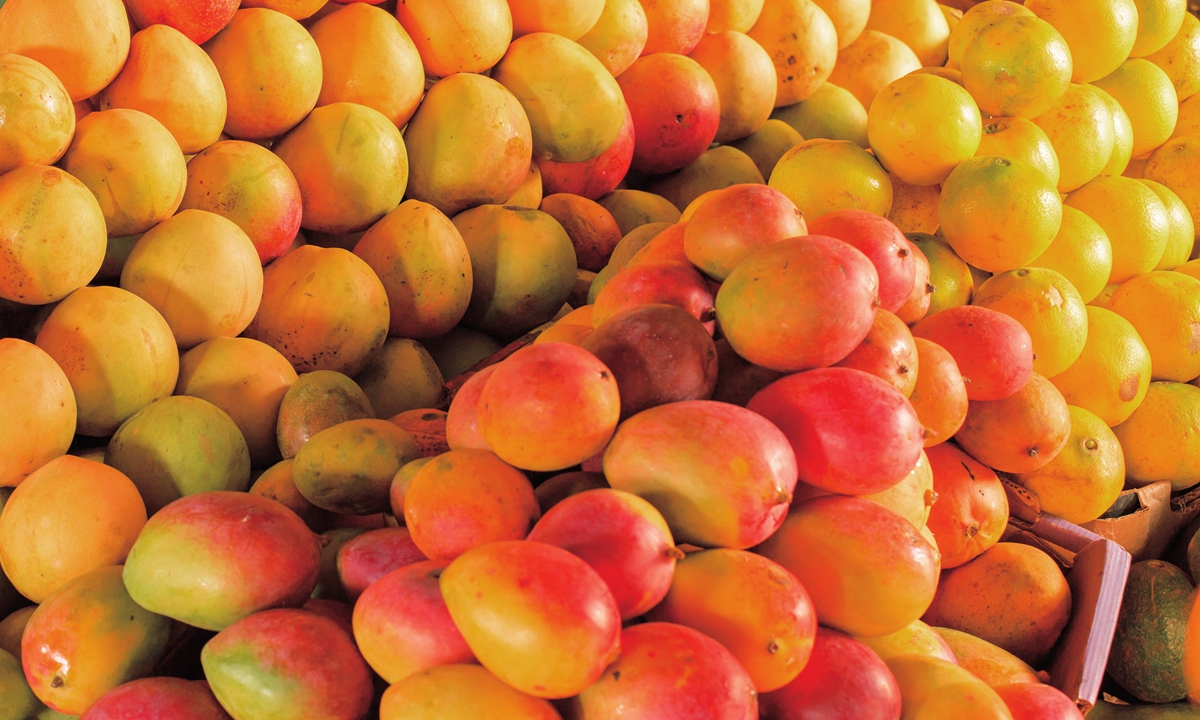 Ripe mangoes stacked at a local fruit and vegetable market in Kenya, Nairobi Photo: IC