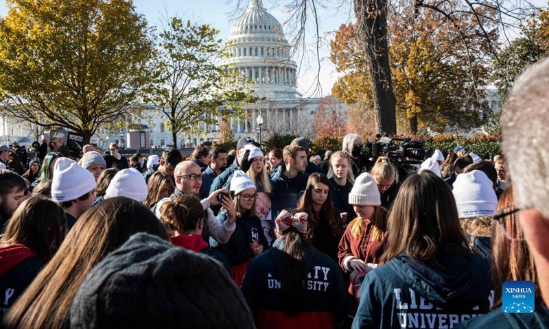 Anti-abortion protesters rally in Washington, D.C., the United States, Dec. 1, 2021. The conservative majority in the U.S. Supreme Court signaled Wednesday that they would uphold a law in the state of Mississippi barring abortion after 15 weeks of pregnancy, a decision directly contradicting the high court's landmark ruling in favor of abortion rights that has existed for nearly a half-century.(Photo: Xinhua)