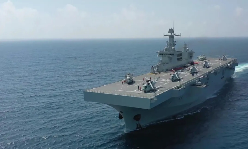 The <em>Hainan</em>, the first Type 075 amphibious assault ship of the Chinese People's Liberation Army Navy, sails in the South China Sea in 2021. Photo: Screenshot from China Central Television