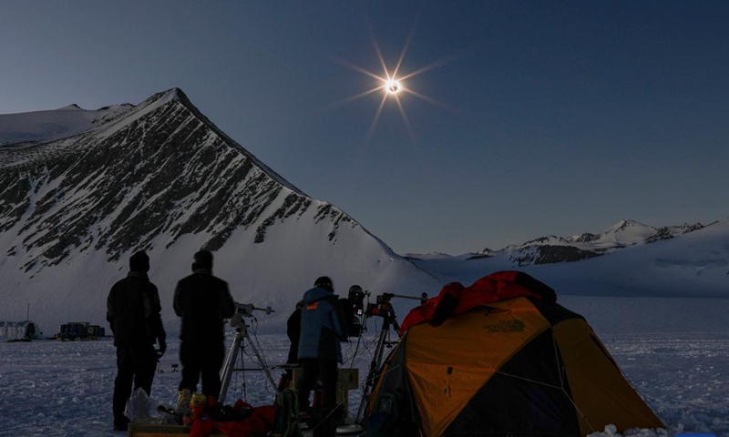 Scientists from the Chilean Union Glacier Station observe a total solar eclipse in Antarctica, Dec. 4, 2021.Photo:Xinhua