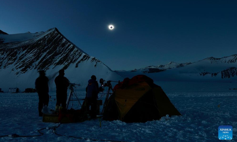 Scientists from the Chilean Union Glacier Station observe a total solar eclipse in Antarctica, Dec. 4, 2021.Photo:Xinhua