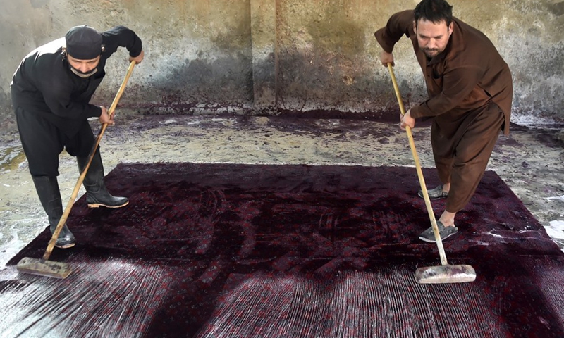 Workers wash a carpet at a local carpet factory on the outskirts of Peshawar, Pakistan, Dec. 6, 2021.(Photo: Xinhua)