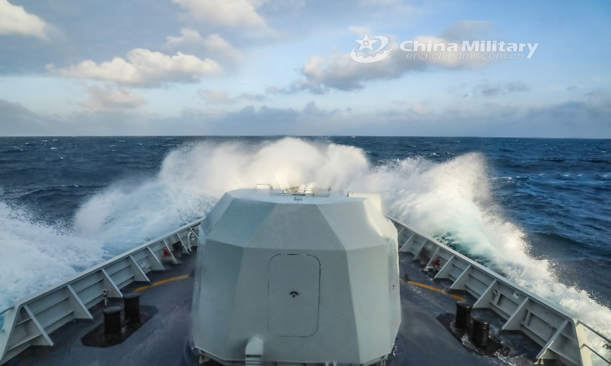 The guided-missile frigate Enshi (Hull 627) attached to a frigate flotilla with the navy under the PLA Southern Theater Command sails through the winds and waves  in waters of the South China Sea during a maritime realistic training exercise in late November, 2021.Photo:China Military