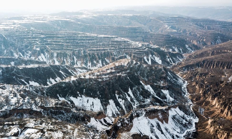 Aerial photo taken on Dec. 11, 2021 shows a view of Heshui County, northwest China's Gansu Province.Photo:Xinhua