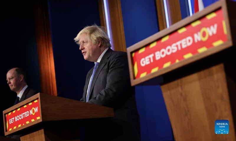 British Prime Minister Boris Johnson attends a COVID-19 press conference in the Downing Street media briefing room in London, Britain, Dec. 15, 2021. Britain reported 78,610 new coronavirus cases, the highest daily number since the start of the pandemic, bringing the total number of coronavirus cases in the country to 11,010,286, according to official figures released Wednesday. (Simon Dawson/No. 10 Downing Street/Handout via Xinhua)