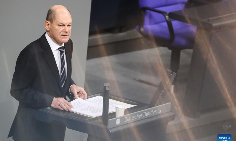 German Chancellor Olaf Scholz delivers his first government statement at the Reichstag building in Berlin Dec. 15, 2021, after he was elected as the new federal chancellor Dec. 8.(Photo:Xinhua)