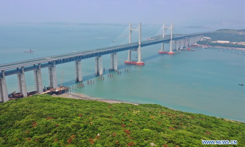 Aerial photo taken on Aug. 25, 2020 shows Pingtan Strait Road-rail Bridge in southeast China's Fujian Province.Photo:Xinhua