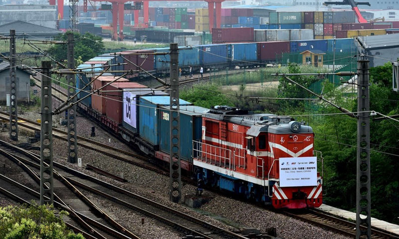A China-Europe freight train carrying medical supplies bound for Madrid of Spain departs from the city of Yiwu, east China's Zhejiang Province, June 5, 2020.Photo:Xinhua