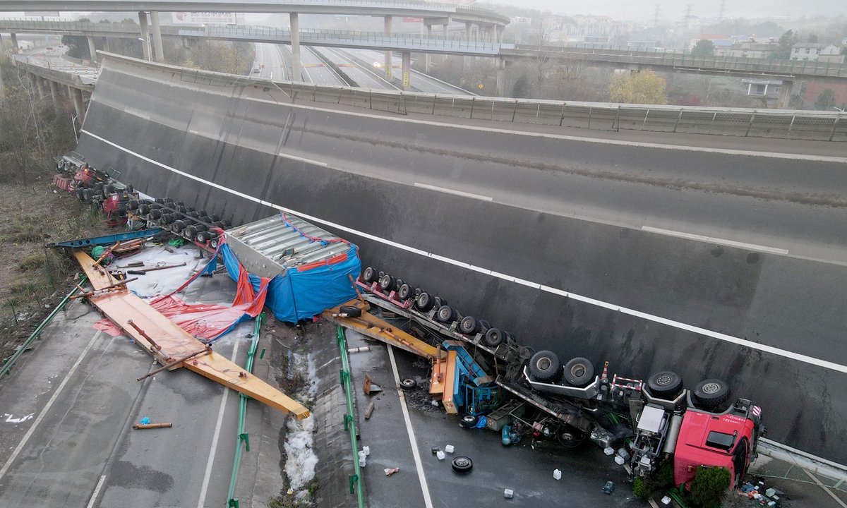 Four people died and eight others were injured in a highway bridge collapse in Ezhou, Central China's Hubei Province, on December 19, 2021. Photo: VCG