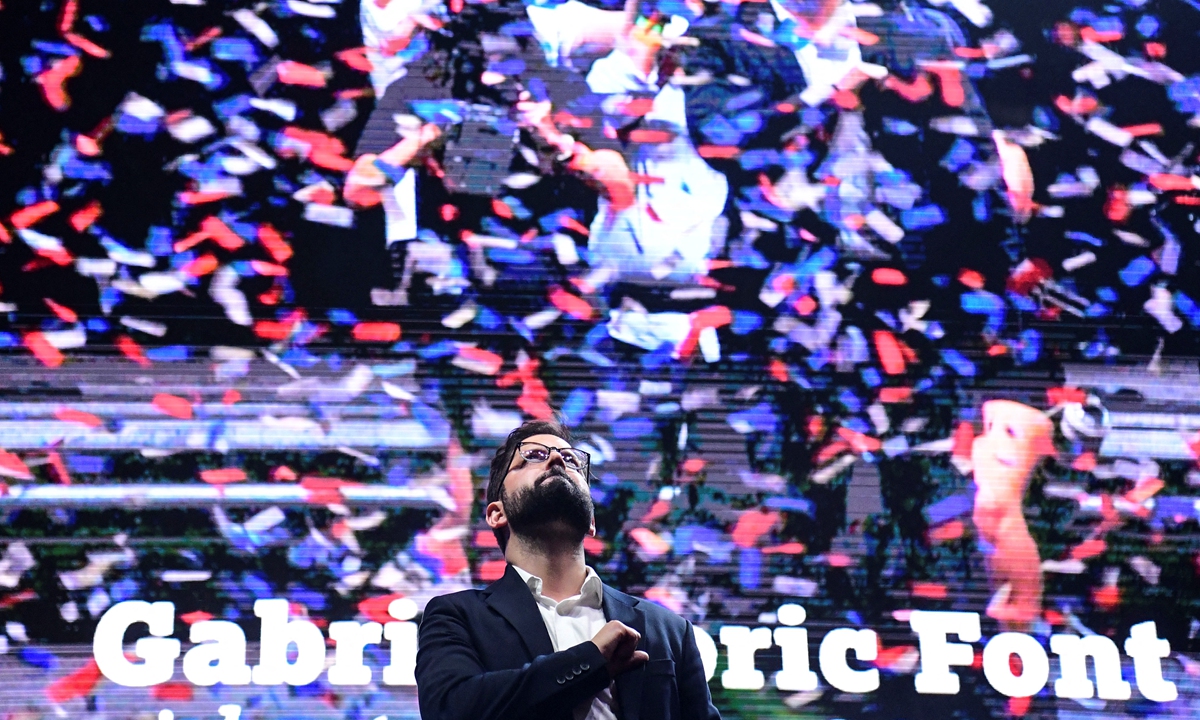 Chilean president-elect Gabriel Boric gestures after addressing supporters following the official results of the runoff presidential election, in Santiago, on December 19, 2021. Boric will become Chile’s youngest modern president when he takes office in March 2022. Photo: AFP
