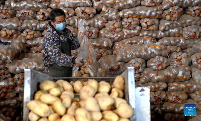 A staff member arranges potatoes at a logistics center in Xi'an, northwest China's Shaanxi Province, Dec. 19, 2021.Photo:Xinhua