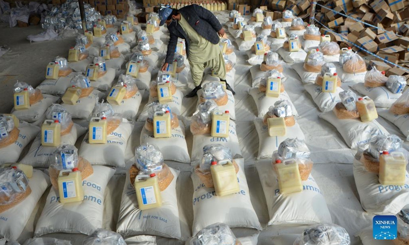 Photo taken on Dec. 20, 2021 shows relief food assistance donated by World Food Program (WFP) in Kandahar city, southern Afghanistan.(Photo: Xinhua)