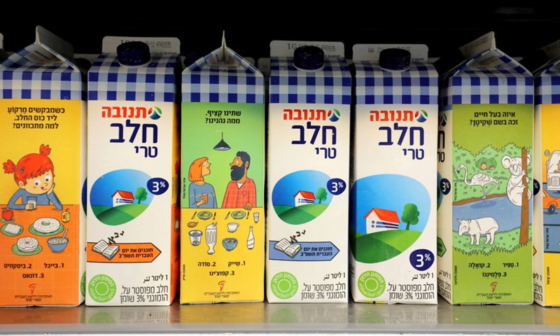 Photo taken on Dec. 19, 2021 shows milk cartons printed with Hebrew words at a supermarket in central Israeli city of Modiin. (Photo: Xinhua)