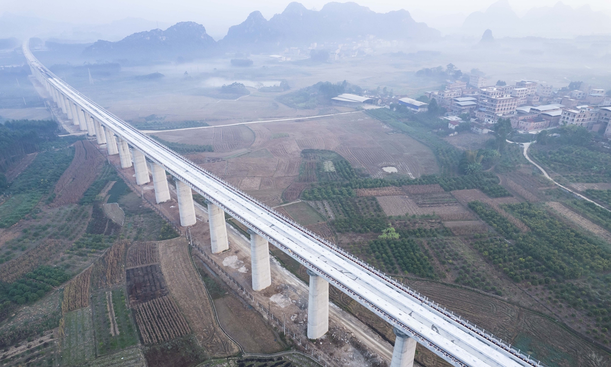 A section of a railway in Wuning, South China's Guangxi Zhuang Autonomous Region, part of the Guinan high-speed railway, is seen on December 23, 2021. Work has finished on the 38 tunnels under the 482-kilometer railway project, connecting Guiyang in Southwest China's Guizhou Province and Nanning in Guangxi. The railway is expected to start operating in 2023. Photo: cnsphoto