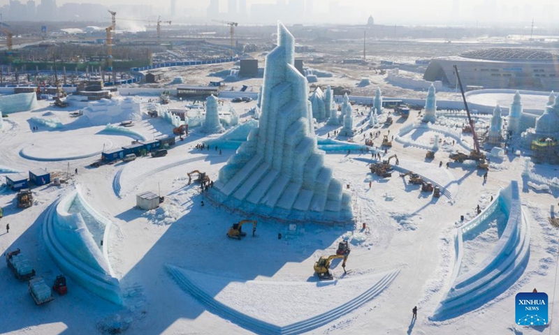 Aerial photo taken on Dec. 22, 2021 shows the construction site of the Harbin Ice-Snow World in Harbin, northeast China's Heilongjiang Province. The 23rd Harbin Ice-Snow World will open to the public on Saturday.(Photo: Xinhua)