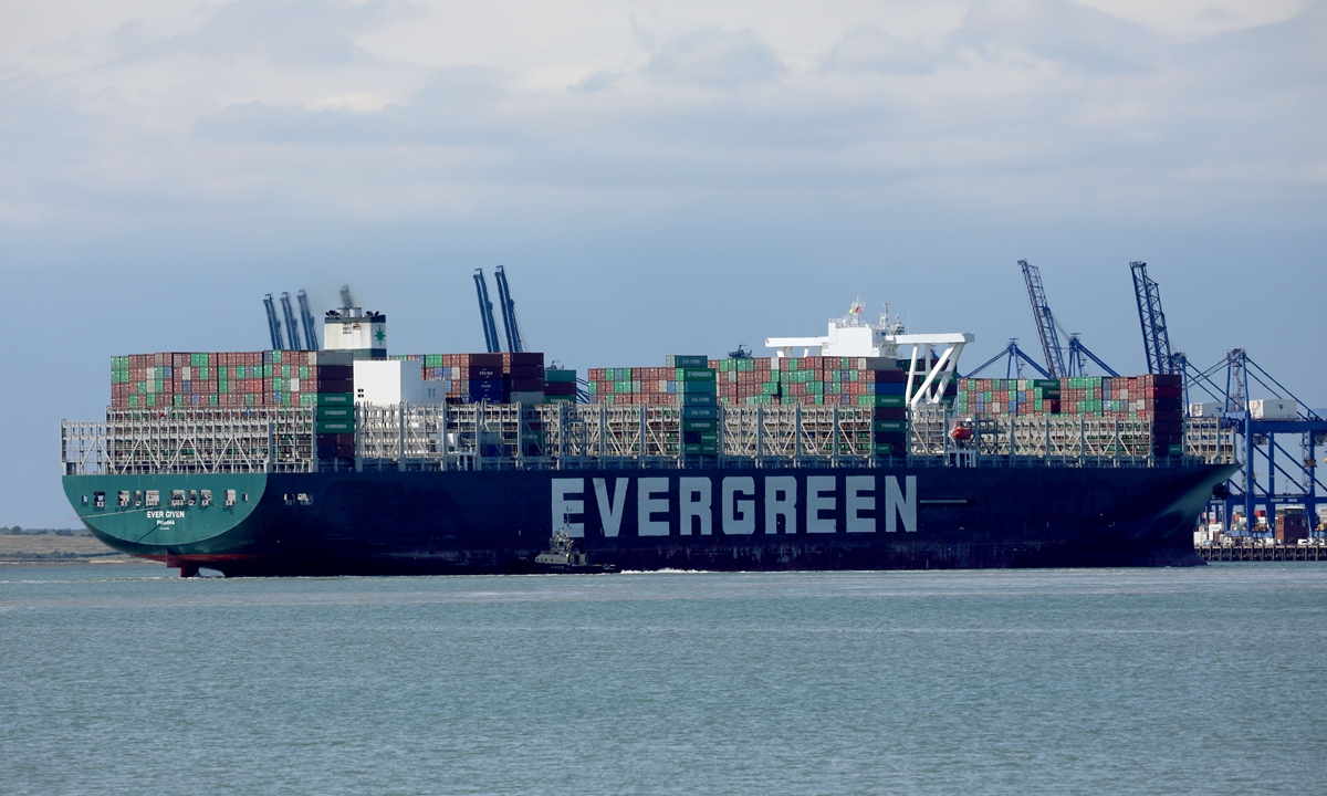 The container ship Ever Given arrives at Felixstowe port on August 3, 2021 in England. The container ship had become lodged in the canal in March, requiring a six-day salvage operation to free the vessel. File Photo: VCG
