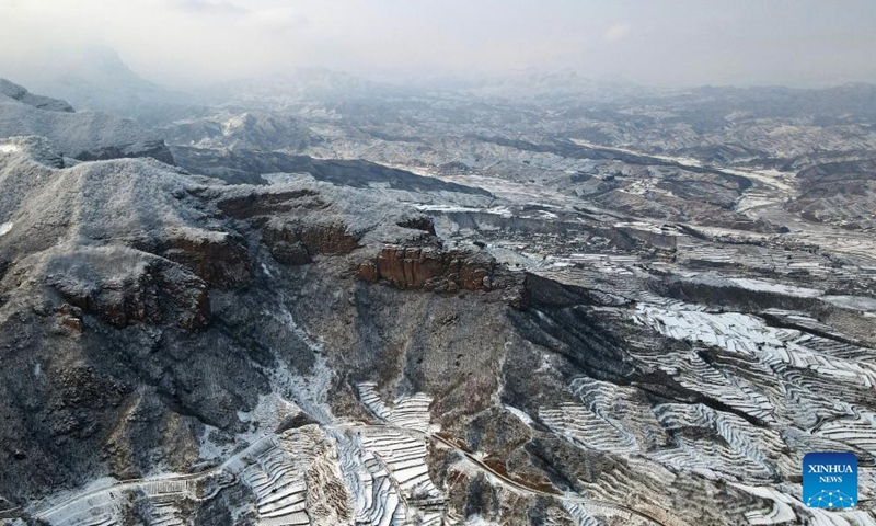 Aerial photo taken on Dec. 25, 2021 shows the snow scenery of Taihang Mountains in Shahe City, north China's Hebei Province.Photo:Xinhua