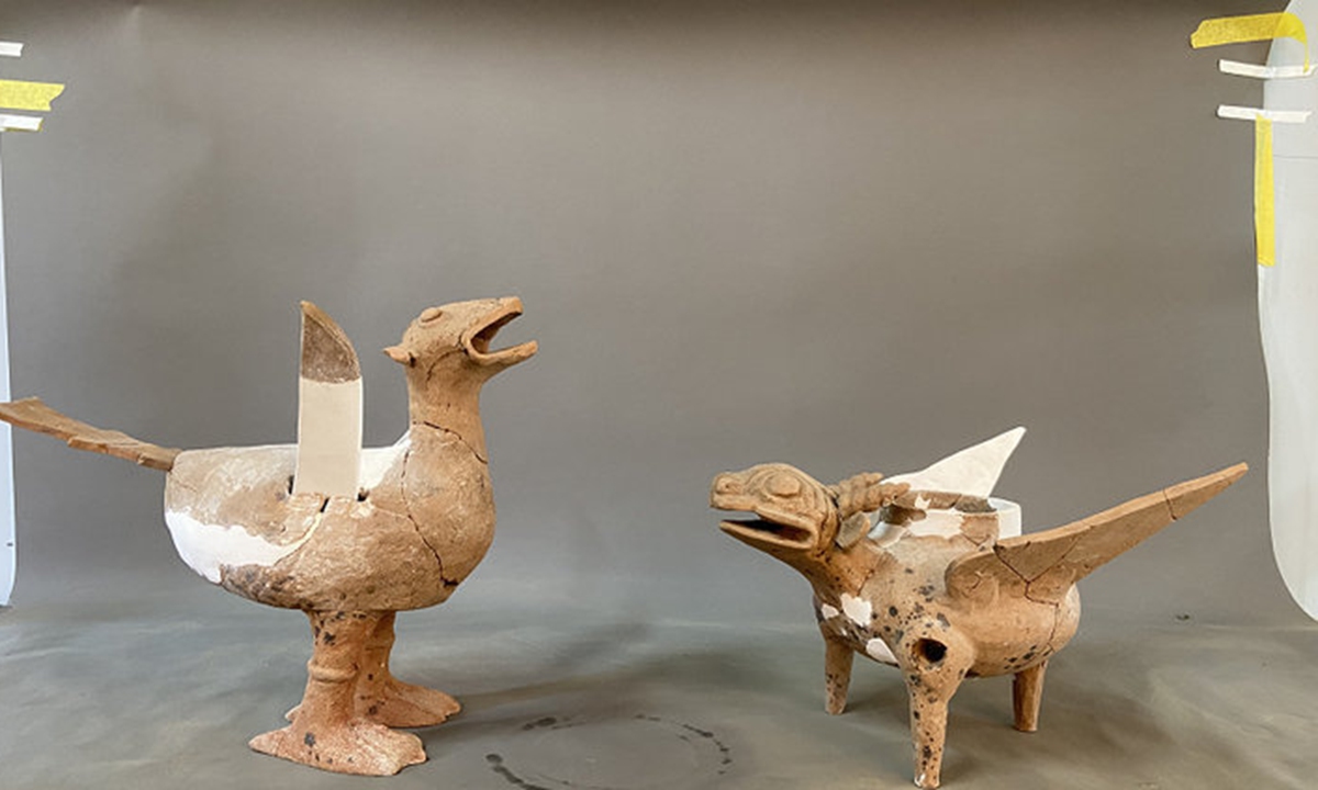Two mythological beast ornaments were discovered in East China's Shandong Province in April 2021. Photo: Web