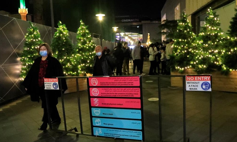 Signs of COVID-19 countermeasures are seen at the entrance of a Christmas market in downtown Beirut, Lebanon, on Dec. 25, 2021.Photo:Xinhua