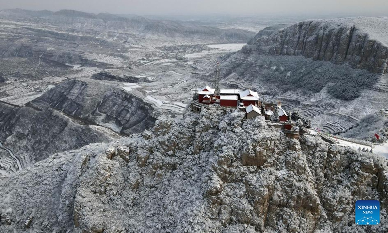 Aerial photo taken on Dec. 25, 2021 shows the snow scenery of Taihang Mountains in Shahe City, north China's Hebei Province.Photo:Xinhua