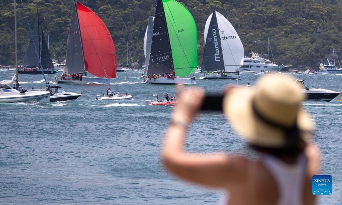 Yachts compete during the Rolex Sydney Hobart Yacht Race in Sydney, Australia, on Dec. 26, 2021. Over the past 76 years, the Rolex Sydney Hobart Yacht Race has become an icon of Australia's summer sport. (Xinhua/Bai Xuefei)