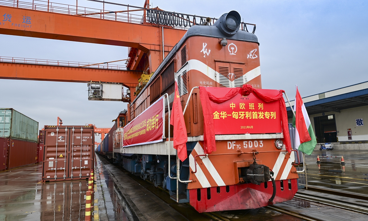 The first China-Europe freight train from the Yangtze River Delta region to Hungary departing from Jinhua, East China's Zhejiang Province for Budapest on June 7, 2021. Photo: VCG 
