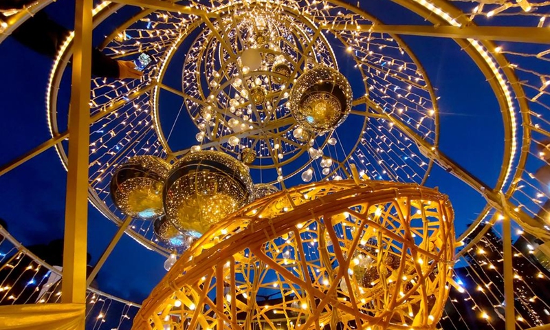 Photo taken on Dec. 27, 2021 shows a light installation to greet seasonal holidays in Istanbul, Turkey. (Xinhua/Shadati)