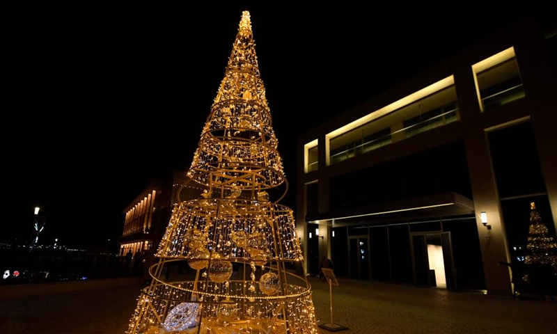 Photo taken on Dec. 27, 2021 shows a light installation to greet seasonal holidays in Istanbul, Turkey. (Xinhua/Shadati)