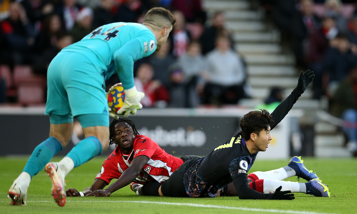Son Heung-min (right) of Tottenham Hotspur is tackled by Mohammed Salisu (center) of Southampton leading to a red card and a penalty on December 28, 2021 in Southampton, England. Photo: VCG