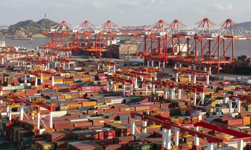 Photo taken on Nov. 3, 2020 shows a view of the container dock of Shanghai's Yangshan Port, east China.(Photo: Xinhua)