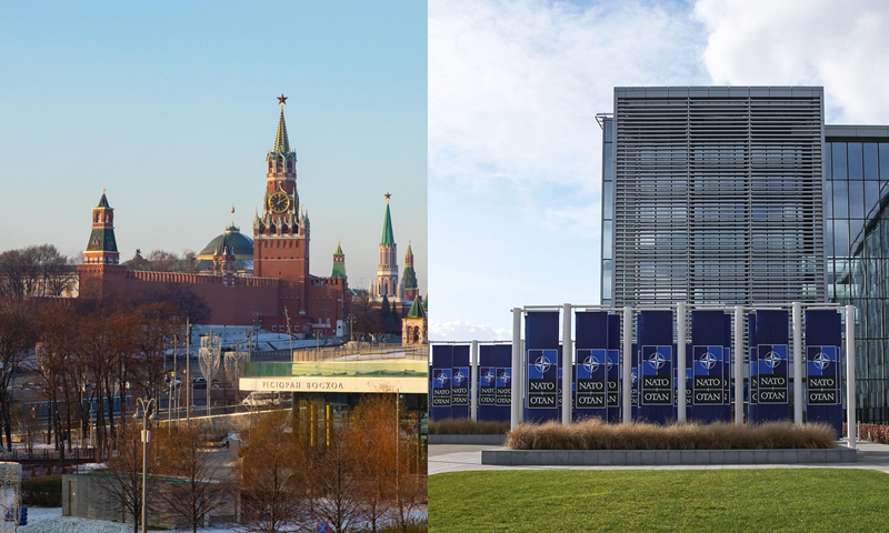 Xinhua file photos of the Kremlin in Moscow (L) and the NATO headquarters in Brussels