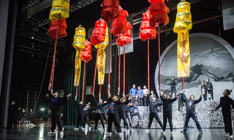 Rehearsal of the acrobatic show Liang Shanbo and Zhu Yingtai by the acrobatic troupe from Jining.  Photo: Shan Jie / GT