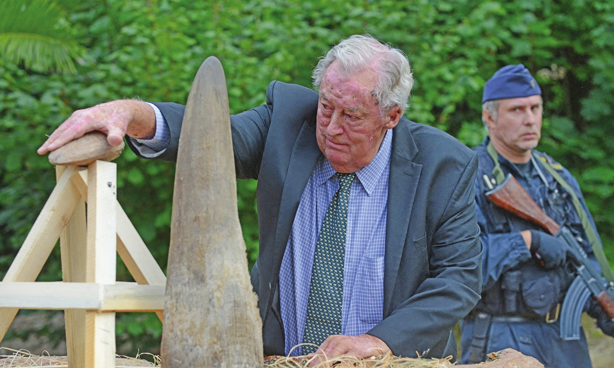 Kenyan paleoanthropologist Richard Leakey, lays a rhinoceros horn on a stake to be burned at a Zoo in Dvur Kralove, Czech Republic, on September 19, 2017. Photo: AFP