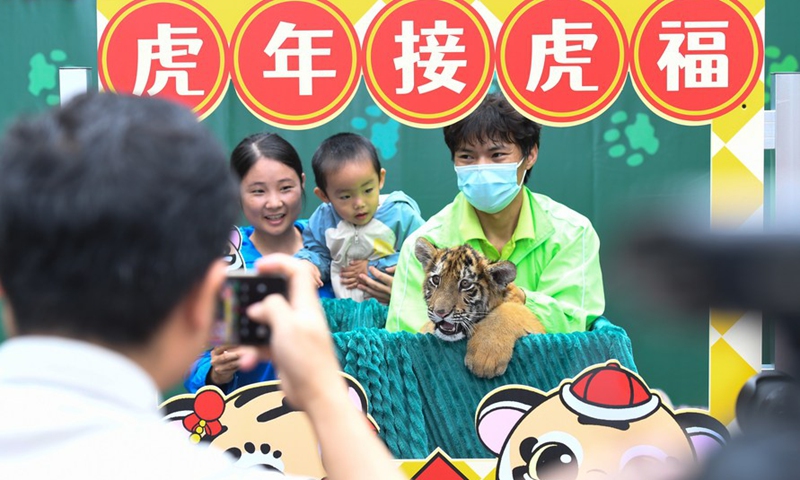 Tourists pose for a photo with tiger cub Duo Duo and decorations featuring Year of the Tiger at Hainan Tropical Wildlife Park and Botanical Garden in Haikou, south China's Hainan Province, Jan. 1, 2022.Photo:Xinhua