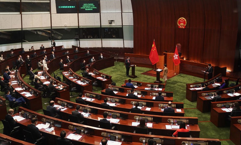 The oath-taking ceremony for members of the seventh-term Legislative Council (LegCo) of China's Hong Kong Special Administrative Region (HKSAR) is held at the LegCo Complex in Hong Kong, south China, Jan. 1, 2022.Photo:Xinhua