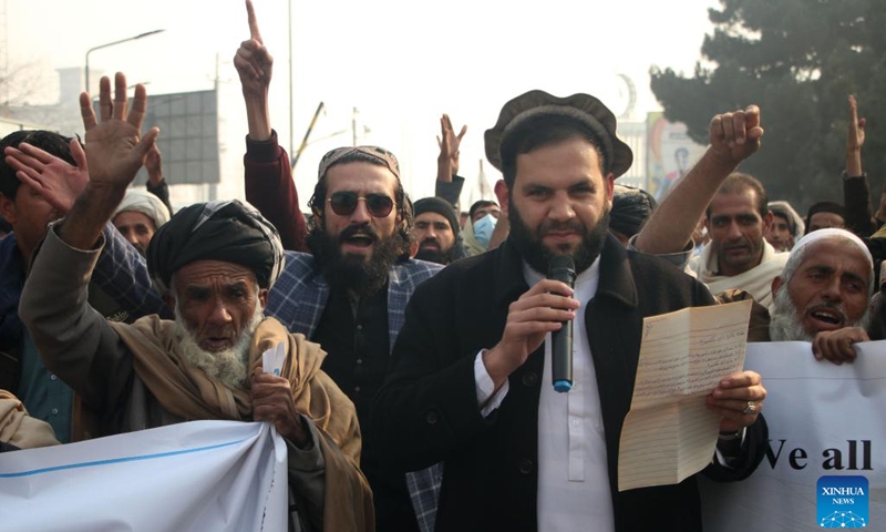 Afghans take part in a protest in Kabul, capital of Afghanistan, Jan. 2, 2022.Photo:Xinhua